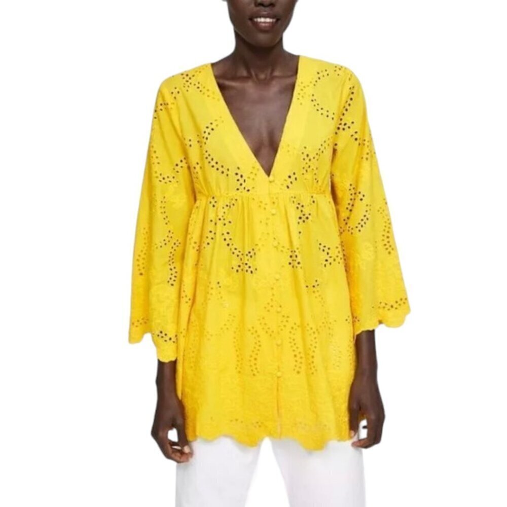 Zara Yellow Eyelet Tunic Mini Dress Button Front Cotton